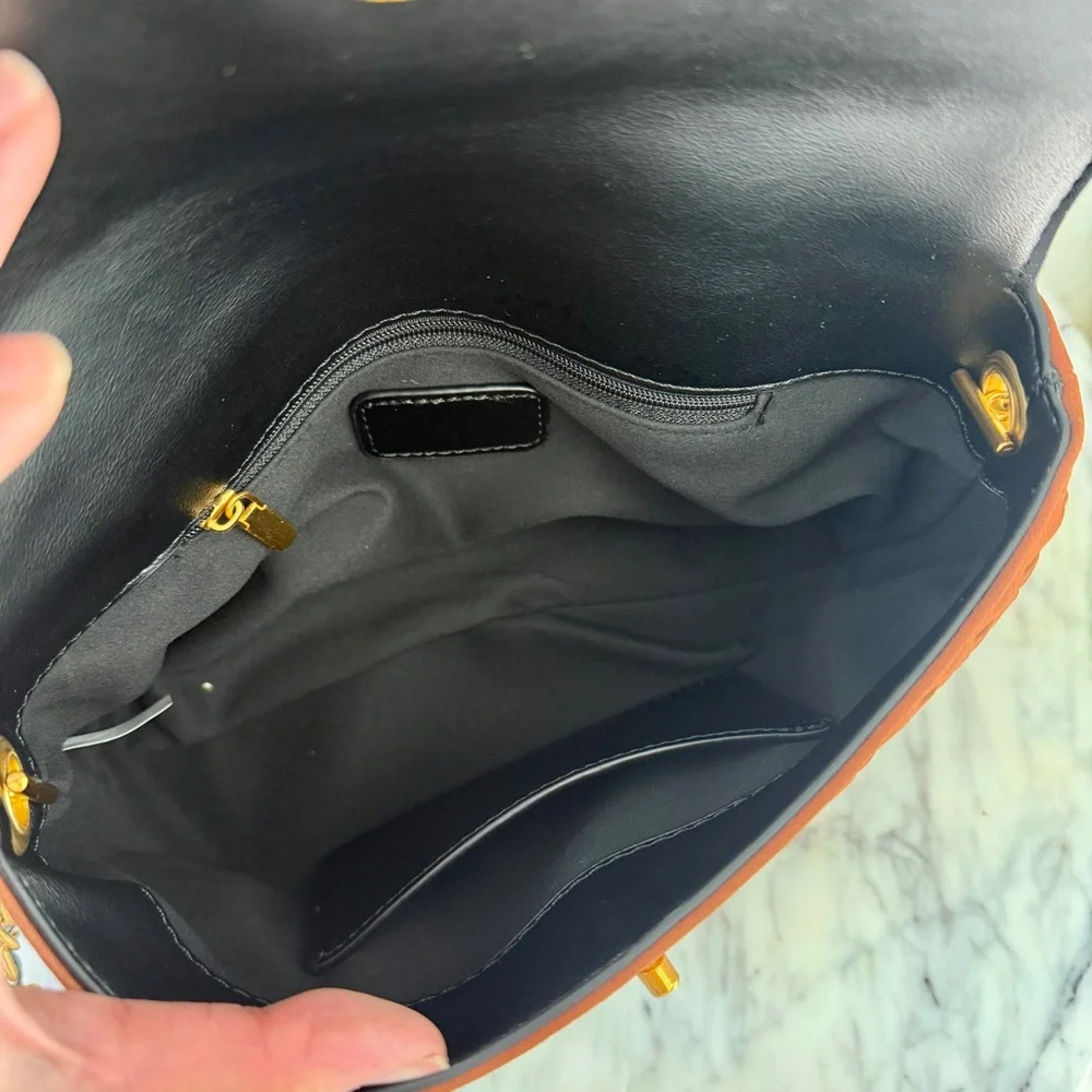 Brown Black Two-Tone Woven Leather Top Handle Crossbody Chain Strap Bag - Picture 11 of 14